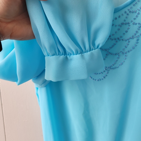 Vintage 70s Blue Sheer Day Dress with Blue Beading White Belt - Picture 4 of 9